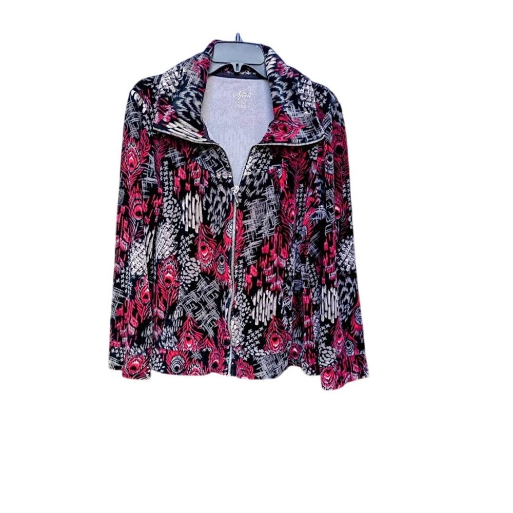 Style & Co Velvet Jacket Geometric Peacock Pattern Pockets XL